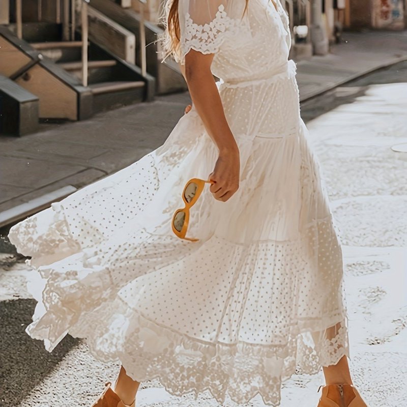 Women's Elegant Wedding Guest Dress,Plus Size Plain Lace Short Sleeve V Neck Floral Trim Maxi Occasion Dress