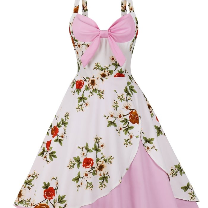 Floral Print Sleeveless Slip Knitted Dress, Color Block Bow Ruffled Hem Vintage Dress, Women's Clothing
