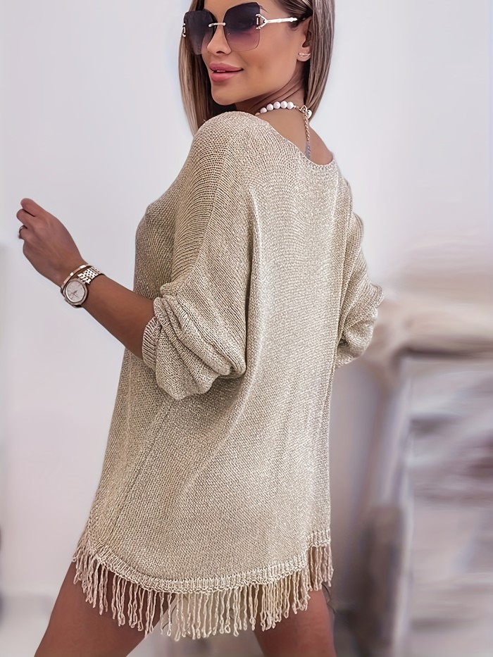 Fringe Hem V Neck Sweater, Casual Long Sleeve Sweater For Fall & Winter, Women's Clothing