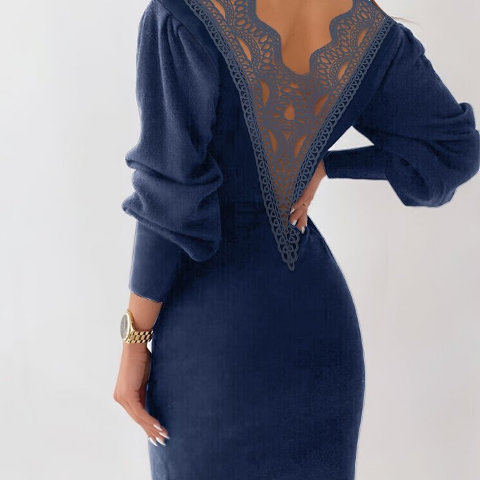 Contrast Lace Backless Dress, Casual V Neck Long Sleeve Solid Dress, Women's Clothing