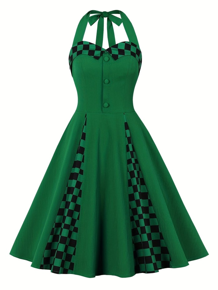 Checkerboard Print Splicing Dress, Vintage Halter Neck Pleated Summer Dress, Women's Clothing