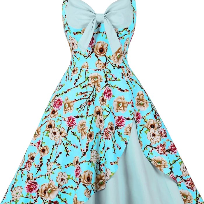 Floral Print Sleeveless Slip Knitted Dress, Color Block Bow Ruffled Hem Vintage Dress, Women's Clothing