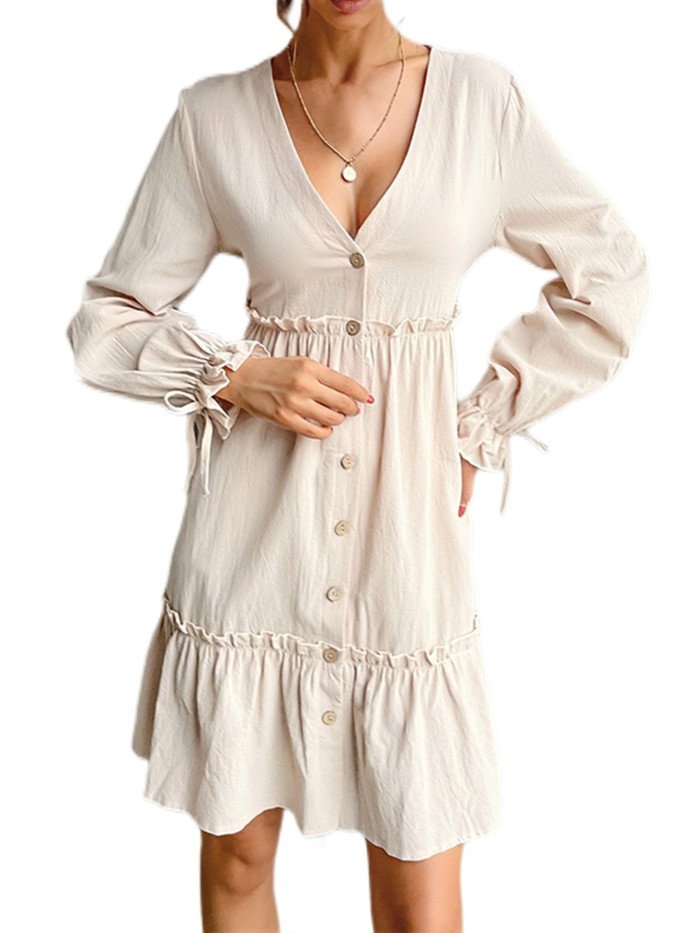 Elegant Button Dress, Casual Lace Up Ruffle Long Sleeve Solid V-neck Loose Dresses, Women's Clothing