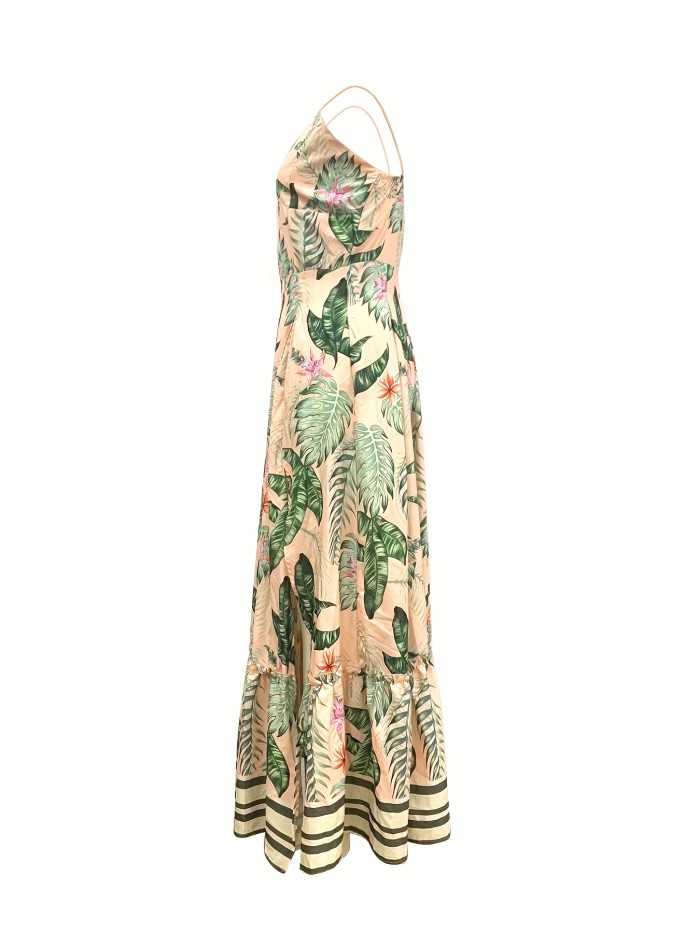 Vintage Plants Print Dress, Sexy Split Thigh Sleeveless Maxi Cami Dress, Women's Clothing