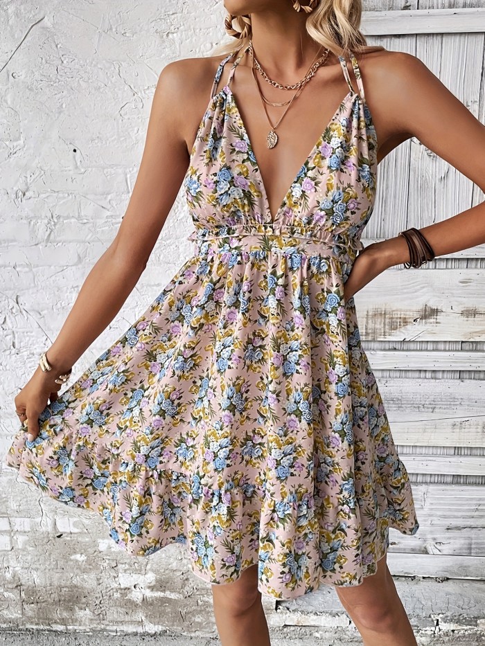 Floral Print Halter Dress, Sexy Open Back Ruffle Hem Sleeveless Tie Dress, Women's Clothing