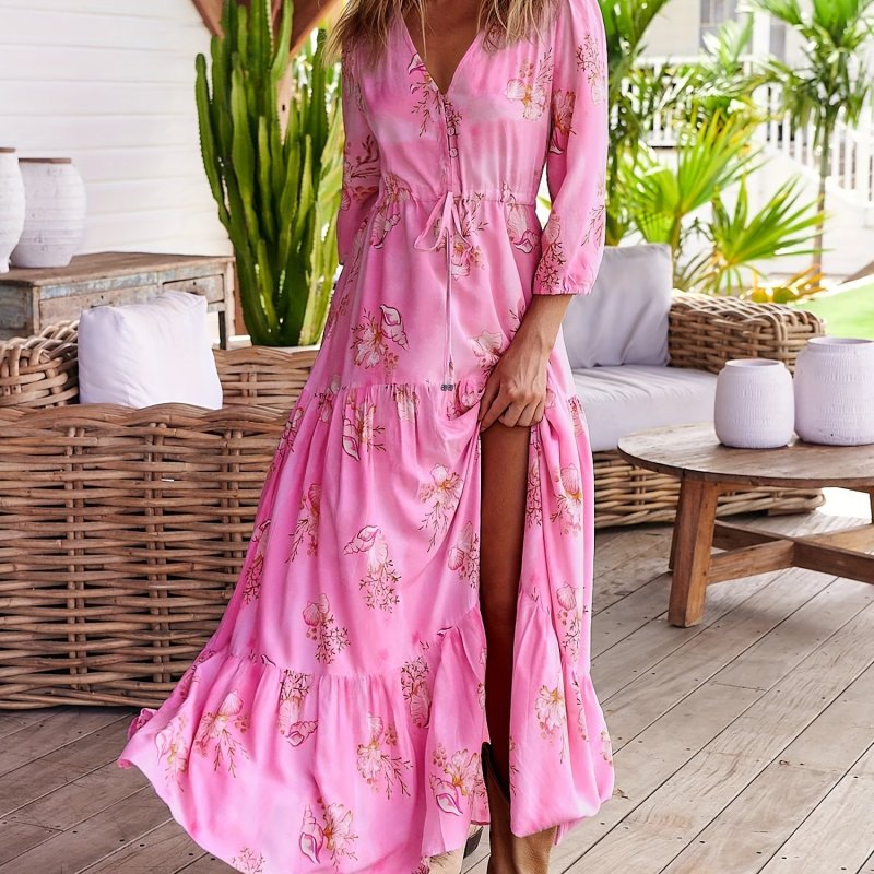 Floral Print Split Dress, Elegant Drawstring Tiered Maxi Dress, Women's Clothing