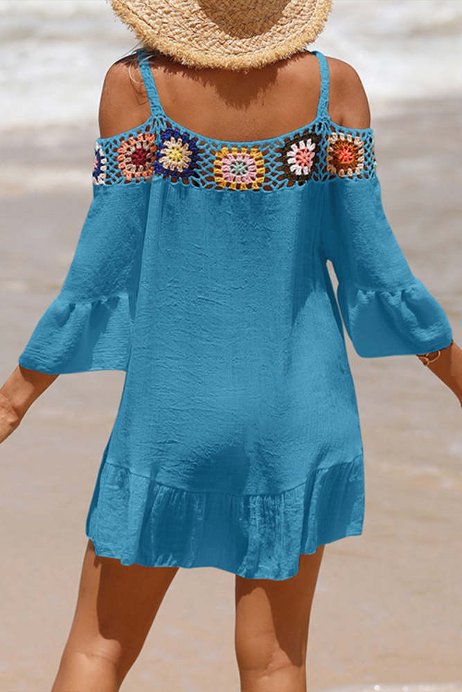 Crocheted Off Shoulder Short Solid Color Sunscreen Beach Skirt