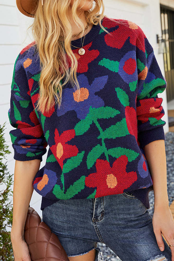 Multicolored Sunflower Round Neck Knit Sweater