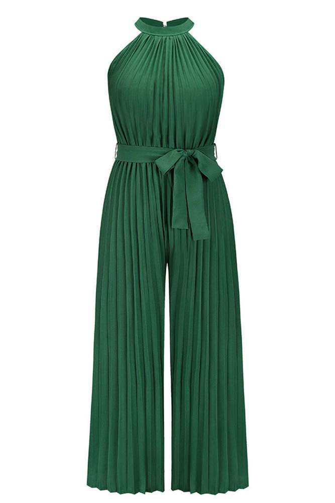 Accordion-pleated Belted Grecian Neck Sleeveless Jumpsuit