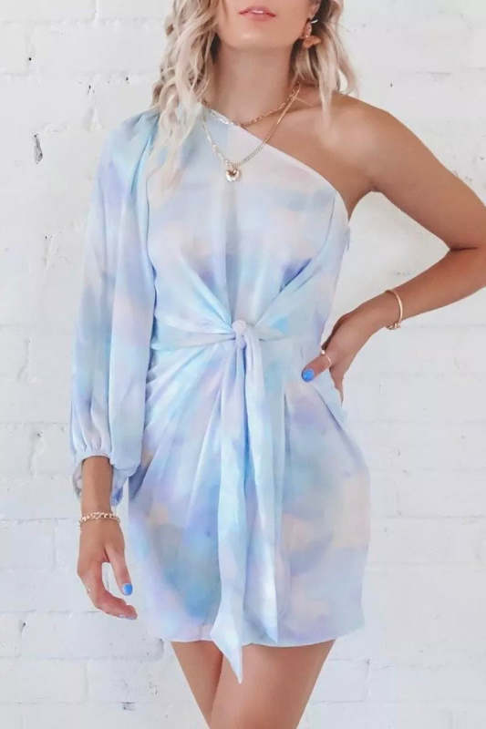 One Shoulder Tie-dye Baby Blue Mini Dress