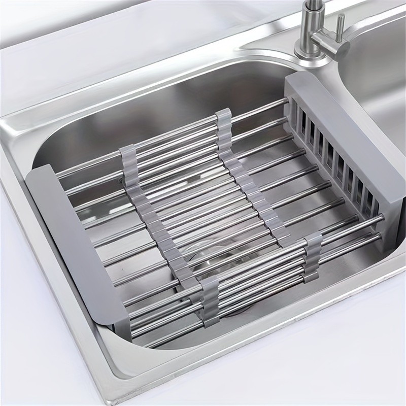 1pc Kitchen Sink Extendable Drain Basket,Stainless Steel Telescopic Straining Basket, Dish Rack Rectangular Storage, Drain Rack, Sink Dish Rack