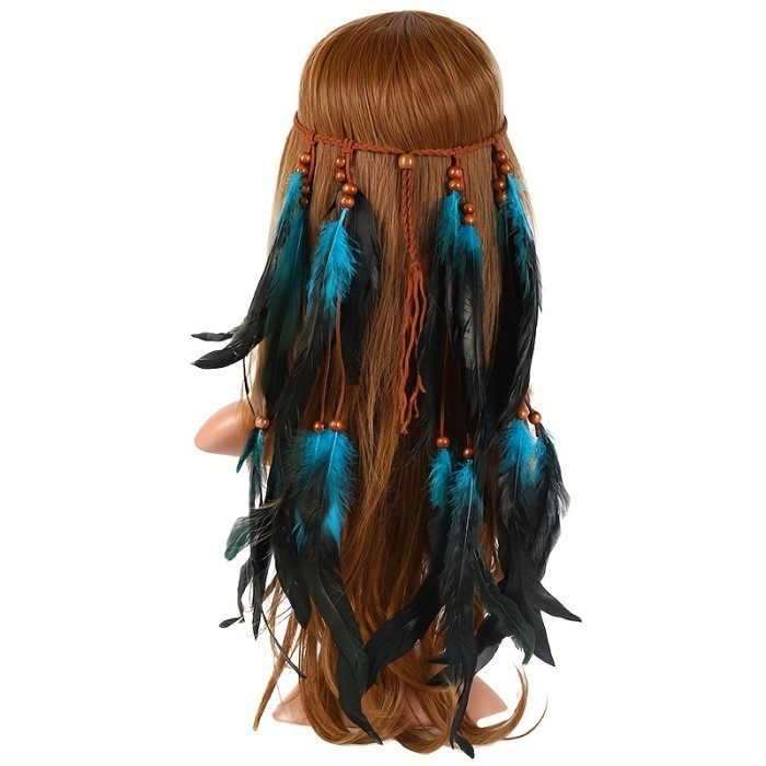 Boho Style Feather Hair Tie Hair Rope Braided Headband Wooden Beads Tassel Vacation Holiday Party Hair Accessories For Women