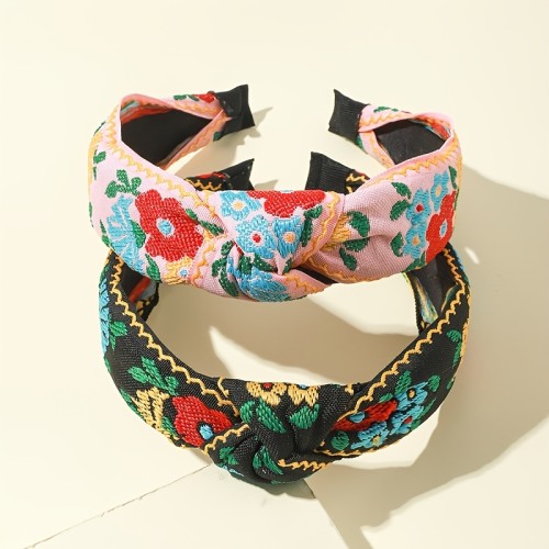 2pcs Embroidery Knotted Flower Hairband Vintage Boho Fabric Headband Hair Accessories For Women Girls