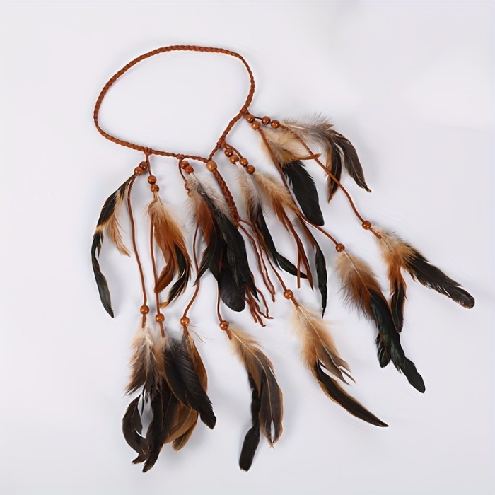 Boho Style Feather Hair Tie Hair Rope Braided Headband Wooden Beads Tassel Vacation Holiday Party Hair Accessories For Women