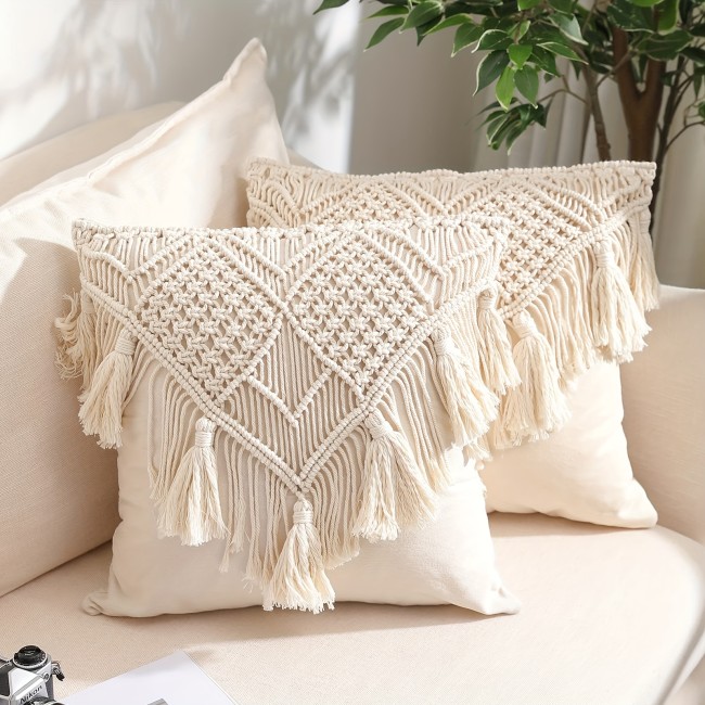 1pc Boho Woven Throw Pillow Covers With Tassels, Macrame Cushion Case, For Bed Sofa Couch Bench Car Home Decor, No Pillow Insert, 17*17 Inch