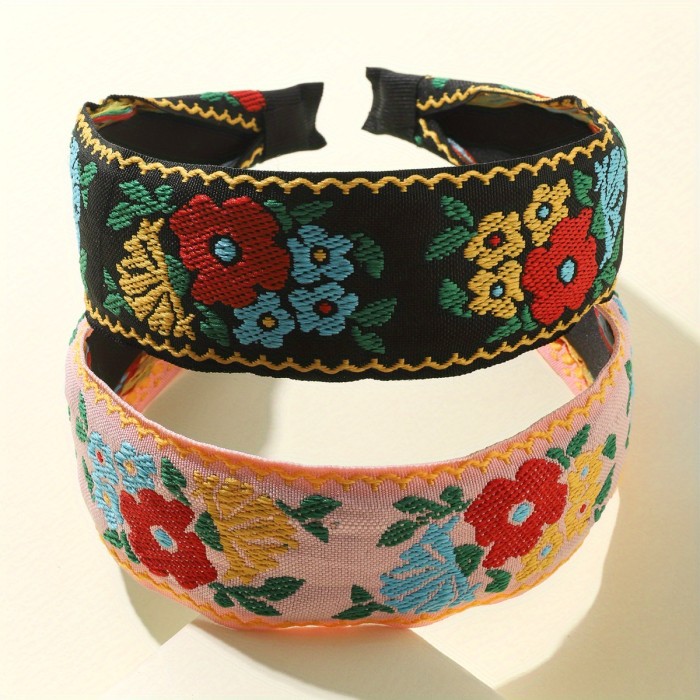 2pcs Embroidery Knotted Flower Hairband Vintage Boho Fabric Headband Hair Accessories For Women Girls