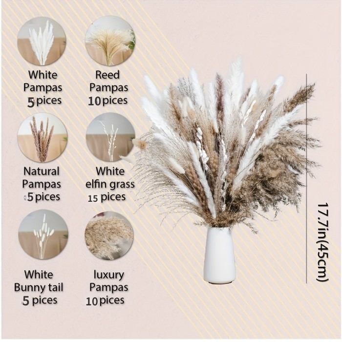 50pcs, White Pampas Grass, Natural Dried Pompous Grass, For DIY Bouquets And Floral Arrangement, Boho Dried Flowers