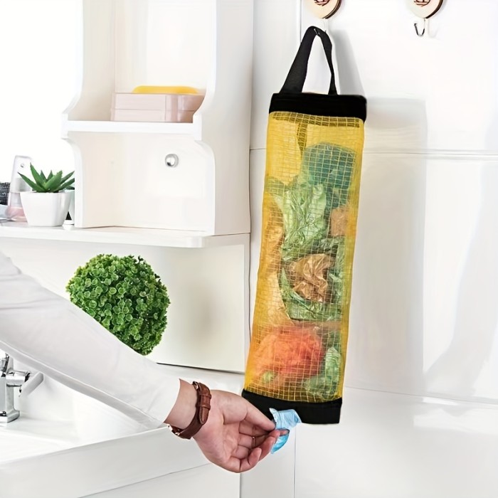 1pc Plastic Bag Holder, Mesh Hanging Storage Dispenser, Foldable, Breathable, Washable Hanging Mesh Garbage Bag Organizer For Plastic Bag Storage, Kitchen Supplies