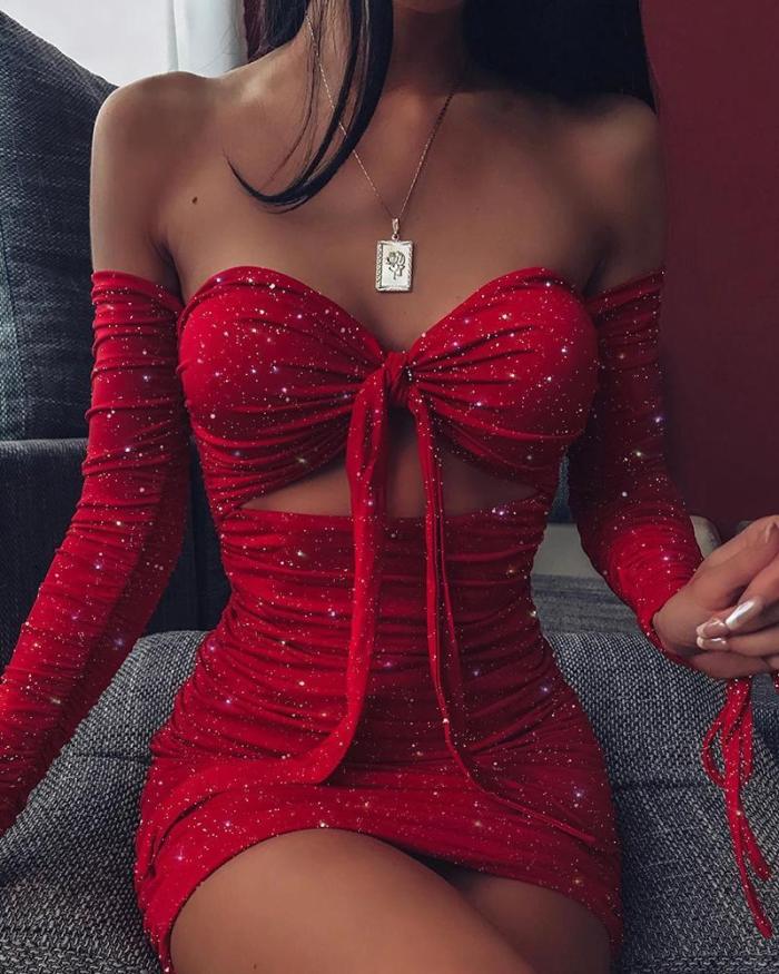 Women Off Shoulder Glitter Dress Long Sleeve Solid Sexy Party Strapless Mini Dresses Bust Tied Bodycon Ruched Dresses Vestidos