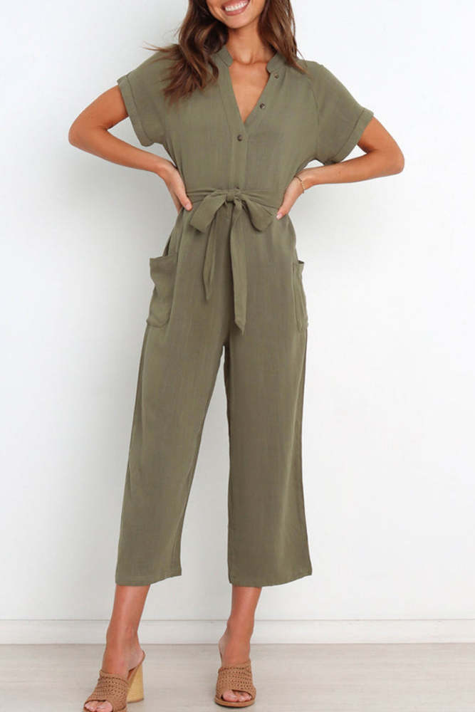 Casual Simplicity Solid Pocket Frenulum V Neck Regular Jumpsuits(3 Colors)