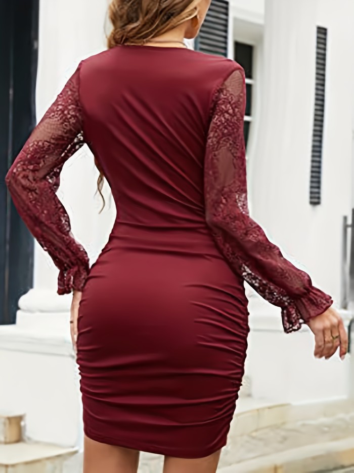 Surplice Neck Bodycon Dress, Casual Lace Long Sleeve Dress For Spring & Fall, Women's Clothing