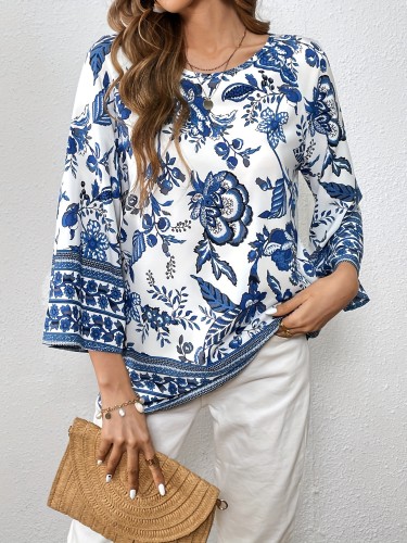 Blue And White Porcelain Print Blouse, Casual Crew Neck Loose Sleeve Blouse, Women's Clothing