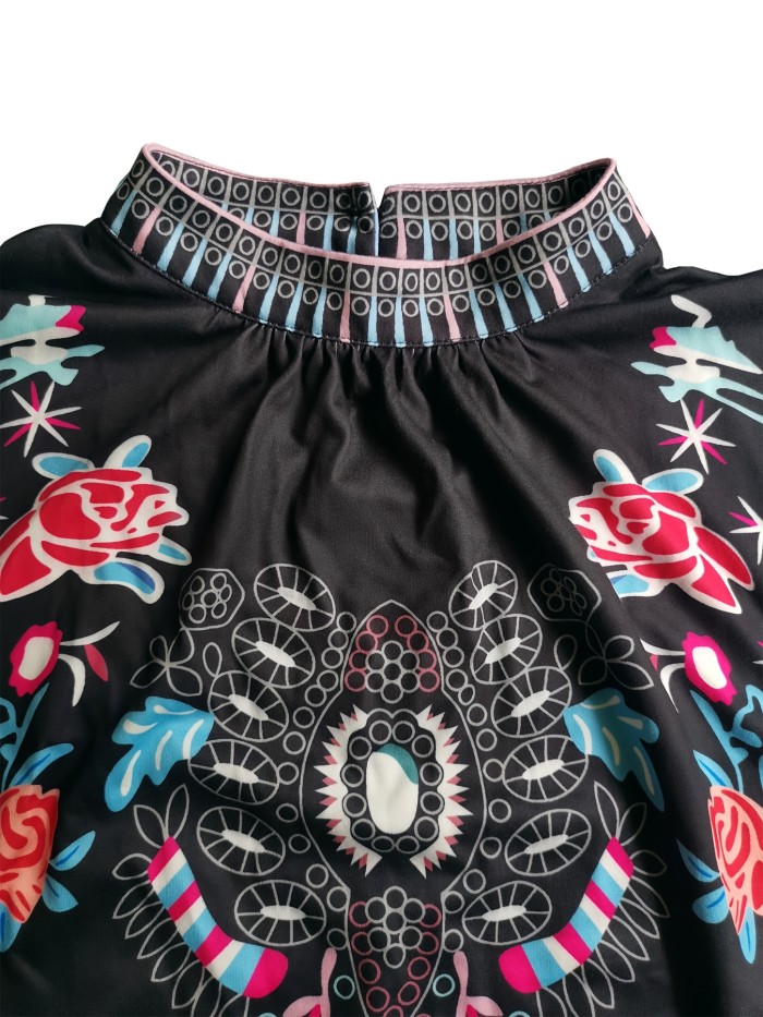 Ethnic Print Mock Neck Dress, Vintage Split Sleeve Dress For Spring & Summer, Women's Clothing