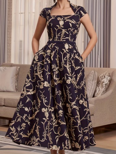 Plus Size Elegant Bridesmaid Dress, Women's Plus Floral Print Cap Sleeve Square Neck A-line Maxi Evening Formal Dress