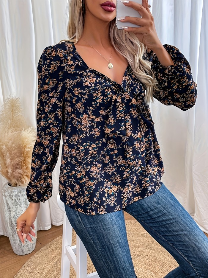 Floral Print V-neck Blouse, Vintage Long Sleeve Blouse For Spring & Fall, Women's Clothing