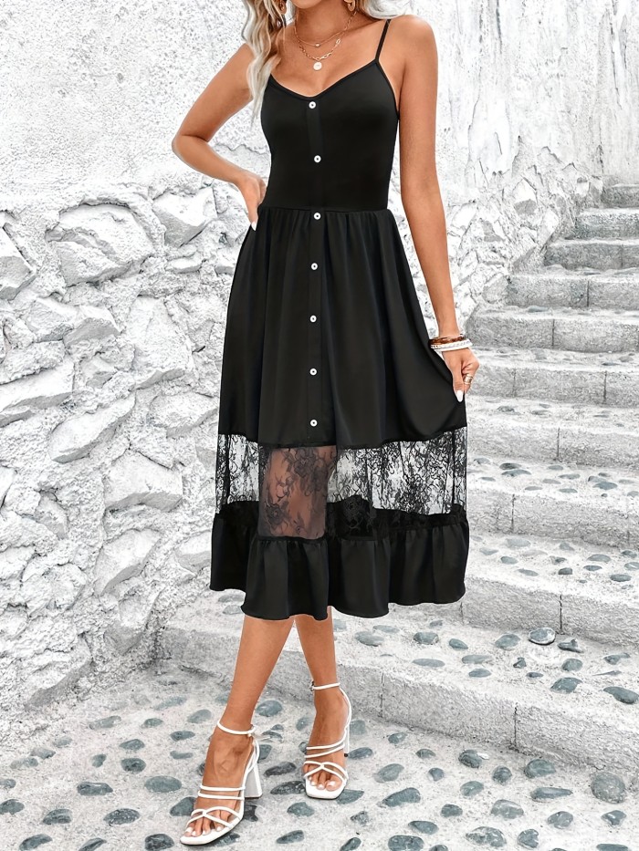 Contrast Lace Pleated Dress, Elegant Spaghetti Strap Slim Waist Dress, Women's Clothing