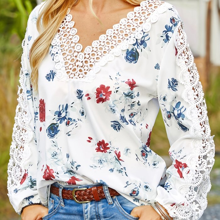 Floral Print Lace Stitching V Neck T-Shirt, Casual Long Sleeve Top For Spring & Fall, Women's Clothing