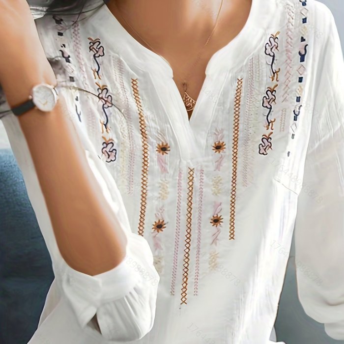 Embroidery Ethnic Style V-neck Shirt, Casual Long Sleeve Spring & Autumn Shirts Tops, Women's Clothing