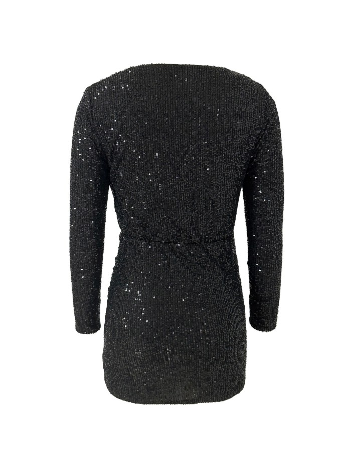 Sequined V-neck Ruched Dress, Elegant Slim Bodycon Dress For Club & Party, Women's Clothing