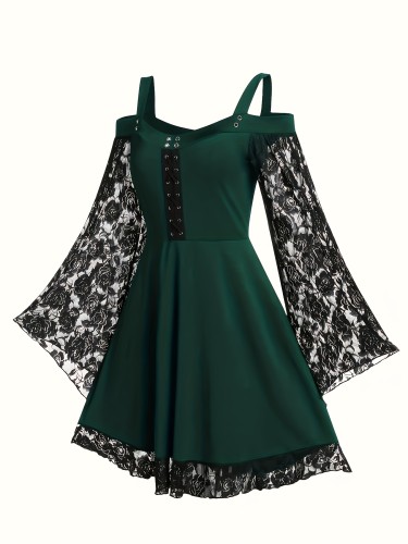 Contrast Lace Off Shoulder Dress, Y2K Long Sleeve A-line Dress, Women's Clothing