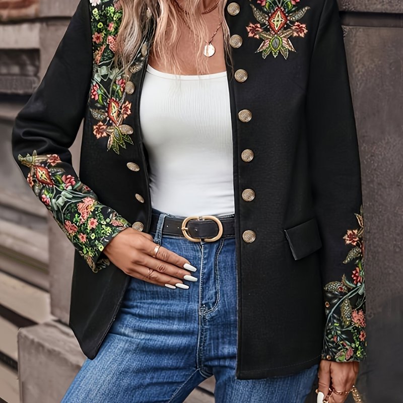 Floral Pattern Double Breasted Jacket, Vintage Long Sleeve Outwear For Spring & Fall, Women's Clothing