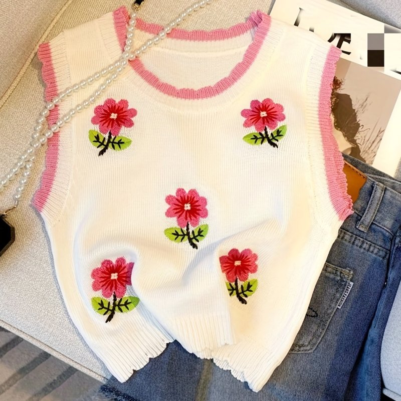 Embroidered Flower Pattern Crew Neck Tank Top, Casual Sleeveless Tank Top For Summer, Women's Clothing