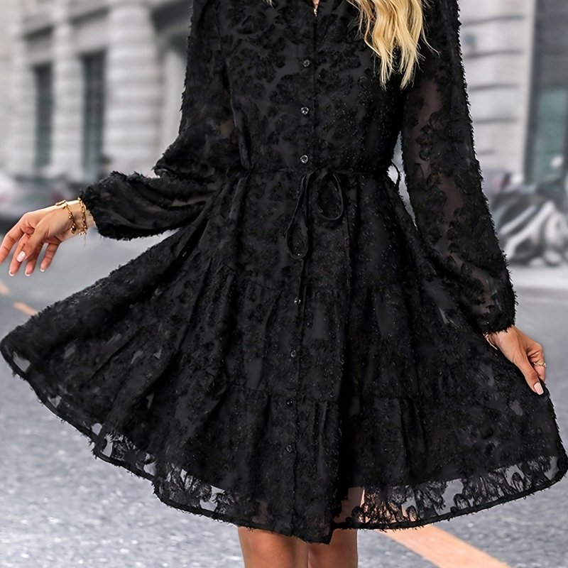 Solid Floral Jacquard Dress, Elegant Button Front Long Sleeve Dress, Women's Clothing