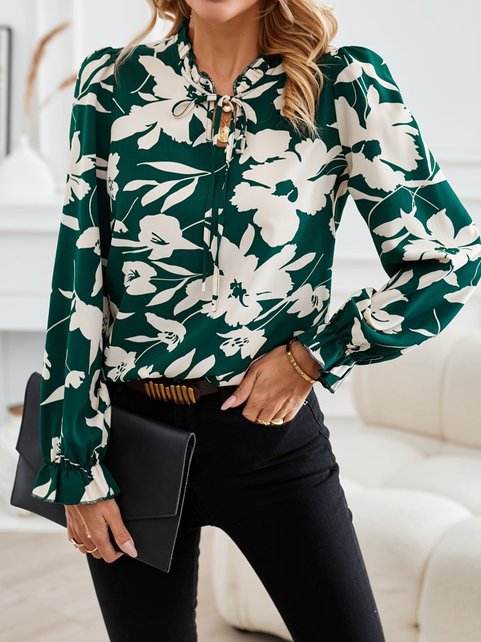 Floral Print Tie-neck Blouse, Casual Long Sleeve Blouse For Spring & Fall, Women's Clothing