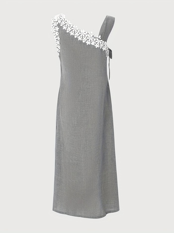 Contrast Lace Bow Tie Dress, Casual Asymmetrical Sleeveless Tank Dress, Women's Clothing