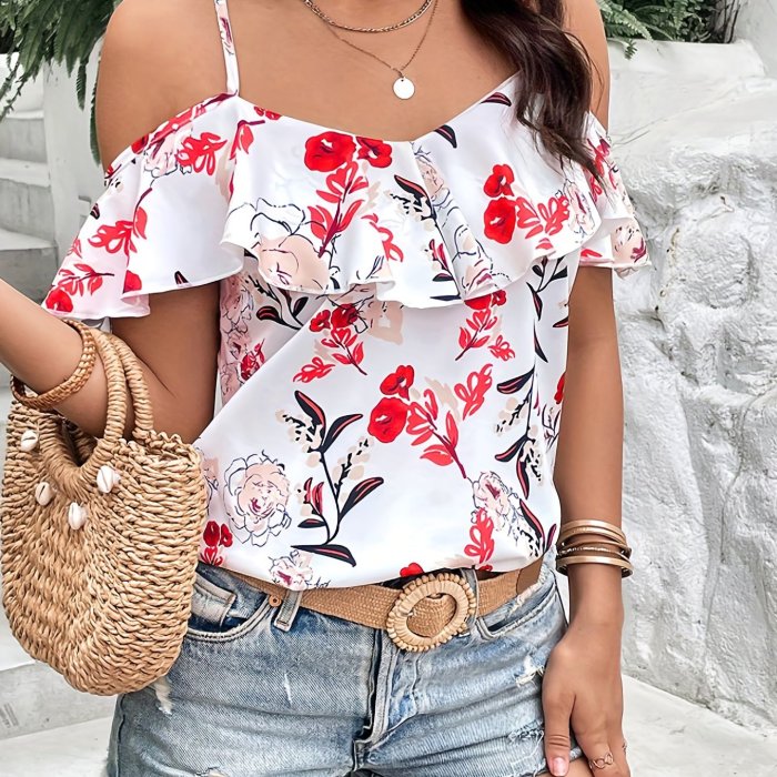 Boho Floral Print Spaghetti Blouse , Vacation Cold Shoulder Ruffle Trim Summer Tops , Women's Clothing