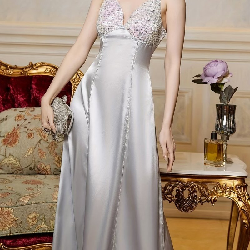 Sequin Decor Cami Bridesmaid Dress, Elegant V-neck Dress For Wedding Party, Women's Clothing