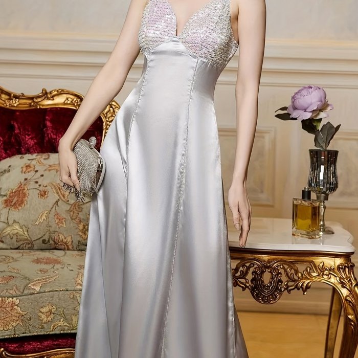 Sequin Decor Cami Bridesmaid Dress, Elegant V-neck Dress For Wedding Party, Women's Clothing