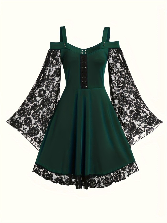 Contrast Lace Off Shoulder Dress, Y2K Long Sleeve A-line Dress, Women's Clothing