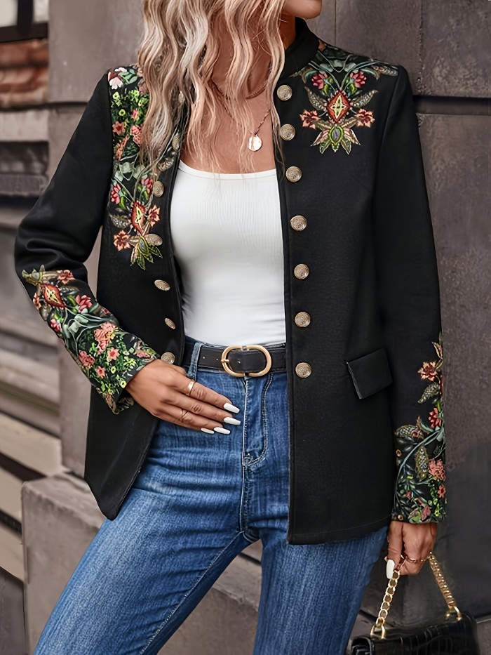 Floral Pattern Double Breasted Jacket, Vintage Long Sleeve Outwear For Spring & Fall, Women's Clothing