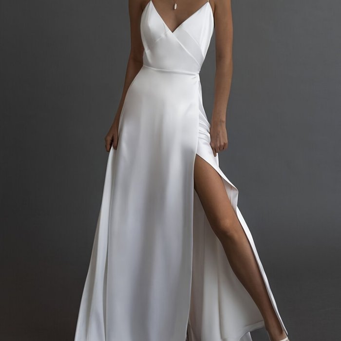Solid V Neck Suspender Dress, Elegant Sleeveless Split Maxi Dress For Party & Banquet, Women's Clothing