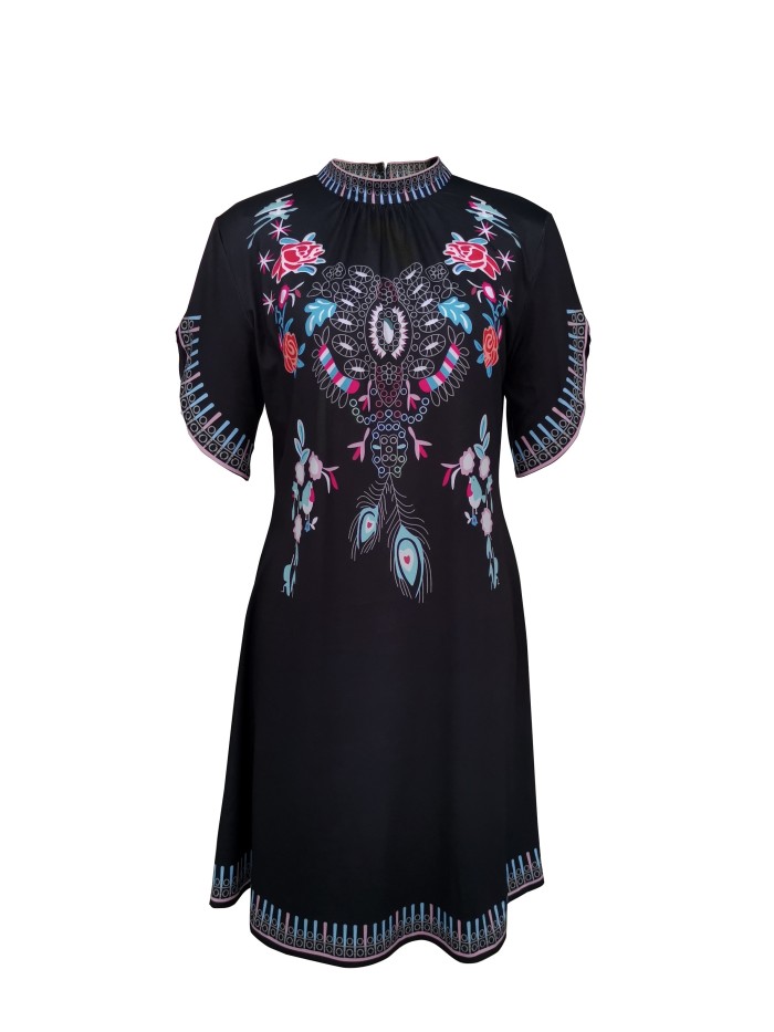Ethnic Print Mock Neck Dress, Vintage Split Sleeve Dress For Spring & Summer, Women's Clothing
