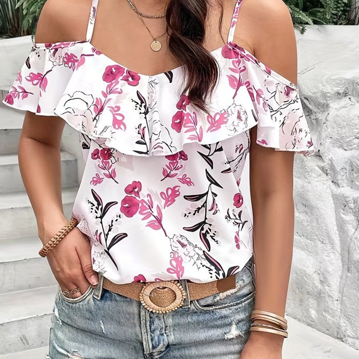 Boho Floral Print Spaghetti Blouse , Vacation Cold Shoulder Ruffle Trim Summer Tops , Women's Clothing