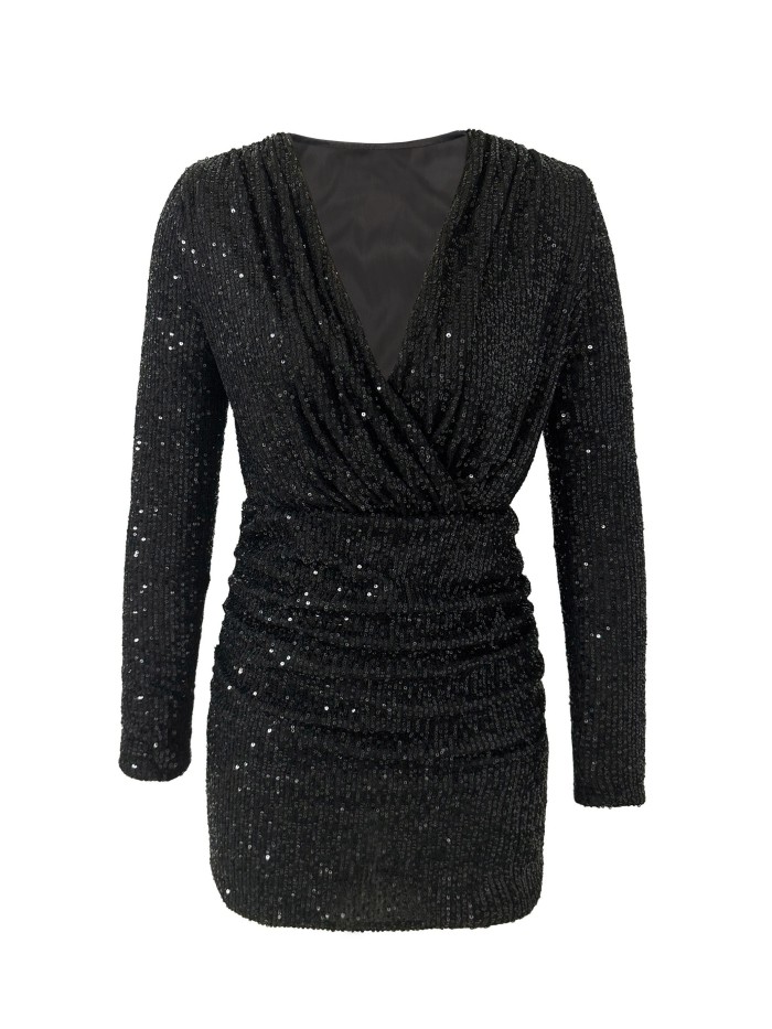 Sequined V-neck Ruched Dress, Elegant Slim Bodycon Dress For Club & Party, Women's Clothing