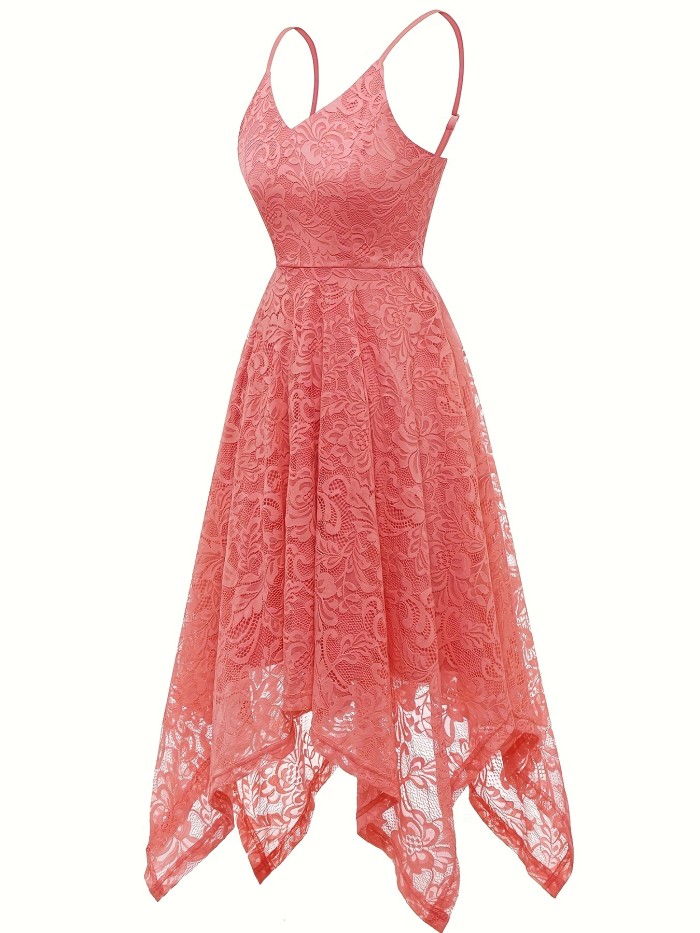 Solid Lace Asymmetrical Hem Dress, Elegant V-neck Aline Cami Dress For Wedding Party, Women's Clothing