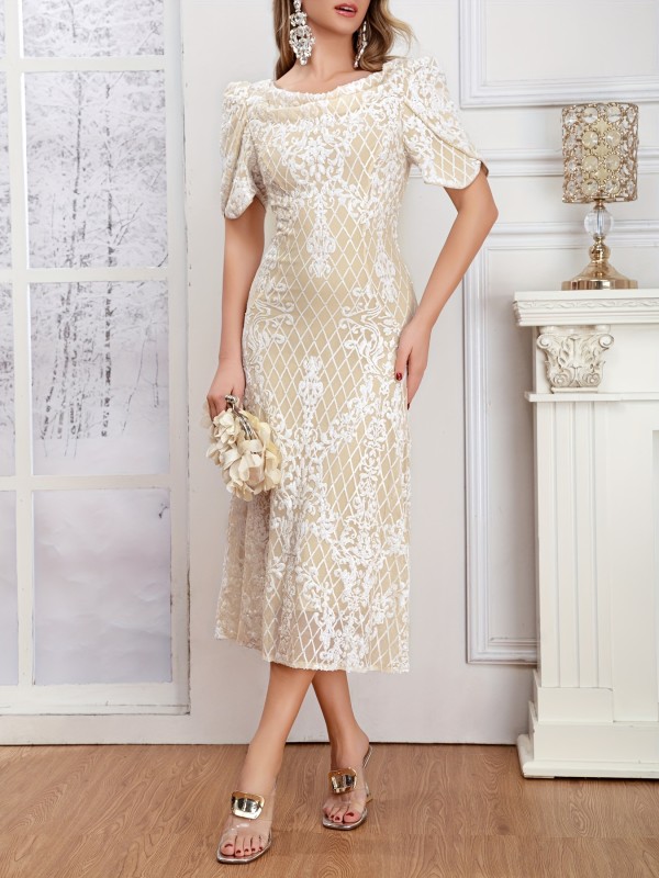 Floral Pattern Cowl Neck Bridesmaid Dress, Elegant Petal Sleeve Dress For Wedding Party, Women's Clothing